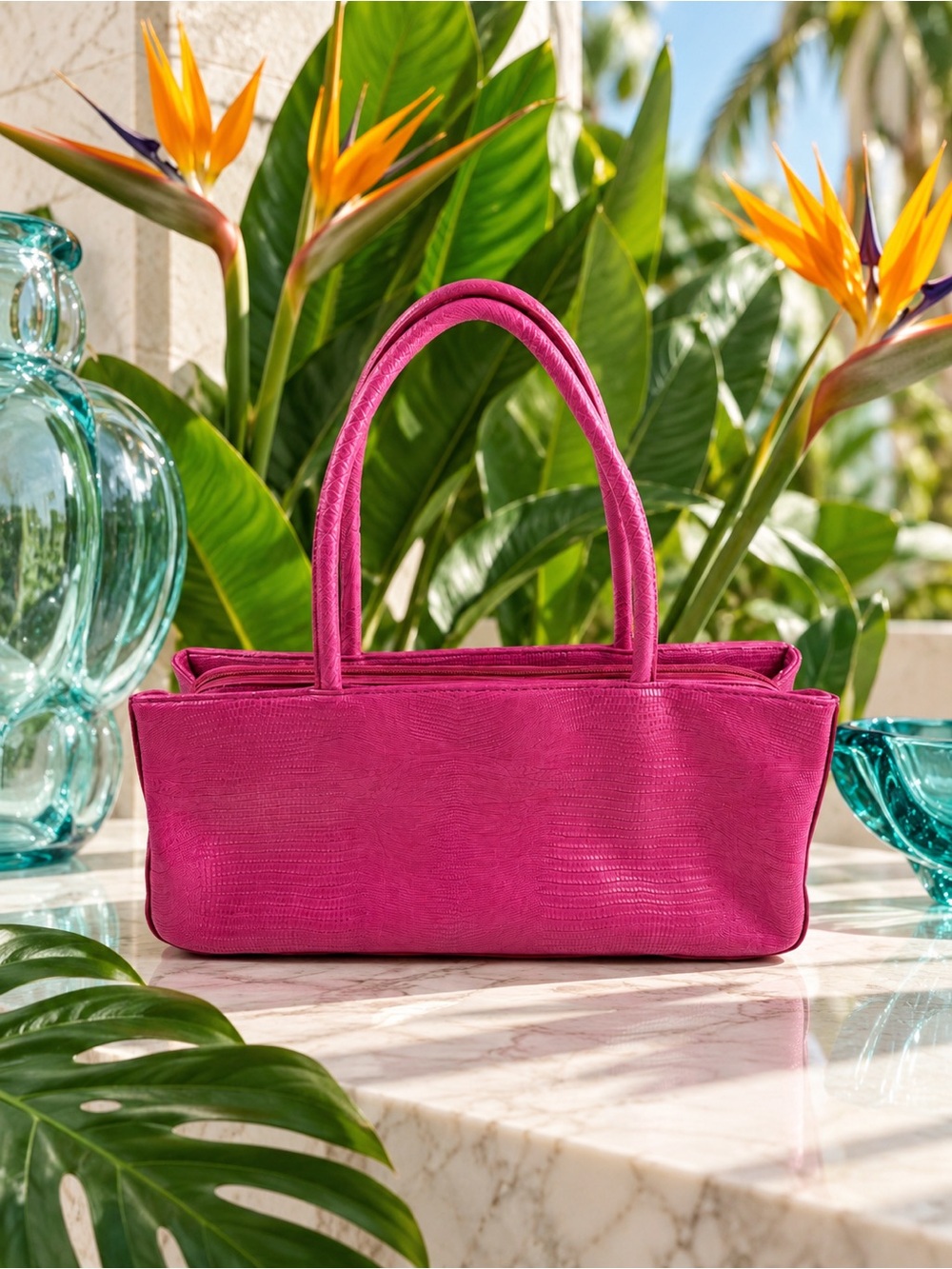 Vintage Fuchsia Pink Genuine Lizard Leather Shoulder Bag | Y2K